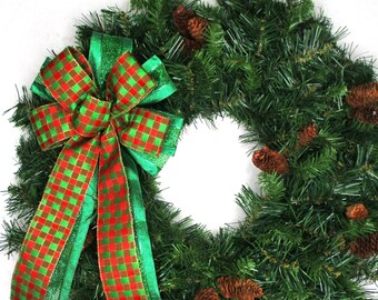 Lazo navideño rojo y verde con borde de alambre – Corona o adorno para el árbol