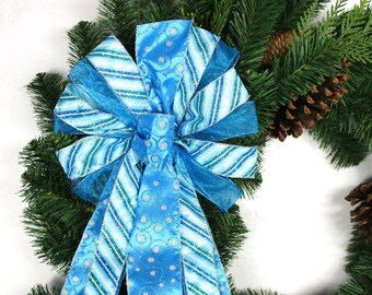 Turquoise Christmas Bow: Wired Ribbon Tree Topper, Wreath Accent