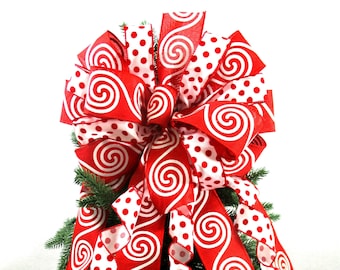 Red and White Christmas Bow: Swirls & Dots Tree Topper, Wreath Accent