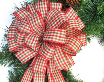 Christmas Wreath Bow, Red Green Cream Plaid, Holiday Decor