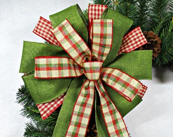 Lazo rojo y verde musgo, lazo navideño, lazo a cuadros, lazo rústico, lazo campestre a cuadros.