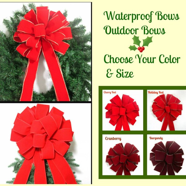 OUTDOOR Bow / Waterproof Bow / Red Velvet Bow / Christmas Bow / Wreath Bow / Red Bow / FIVE Sizes and FOUR Color Choices Available