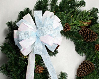 Blue Bow, Blue and White Bow, Christmas Bow, Tree Topper Bow, Wreath Bow