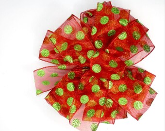 Whimsical Bow, Christmas Bow, Red, Green Bow, Polka Dots Bow, Wreath Bow