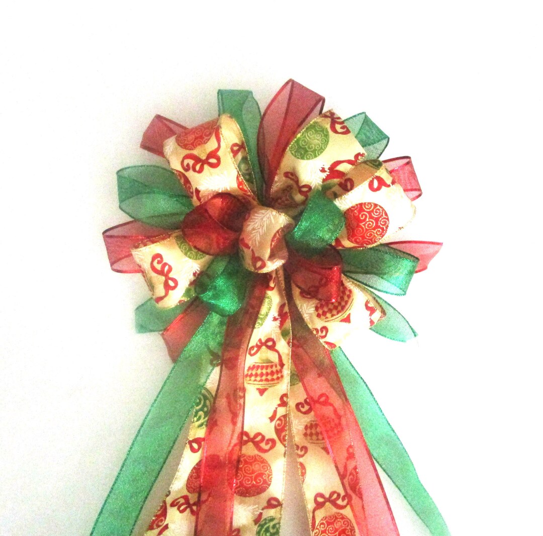 Christmas Tree Topper Bow, Red Green Bulbs, Wired Ribbon - Etsy