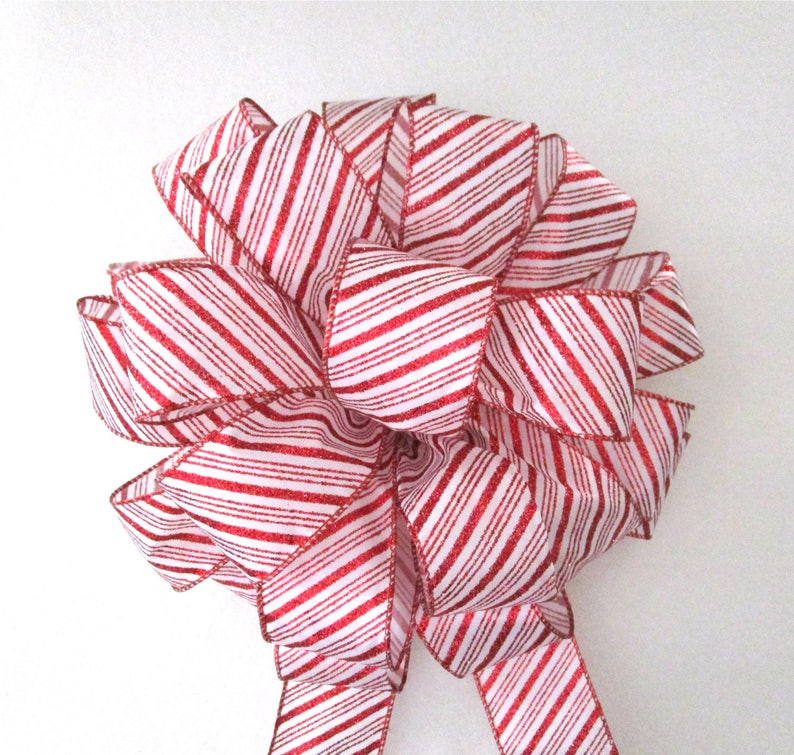 Christmas Bow / Tree Topper Bow / Wreath Bow / Red Bow / Red & White Candy Cane Stripe Bow image 1