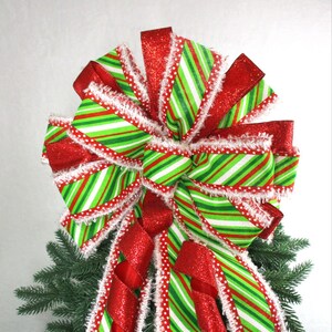 Christmas Bow, Red and Lime Green Bow, Tree Topper Bow, Christmas Tree Bow, Red, Green and White Bow