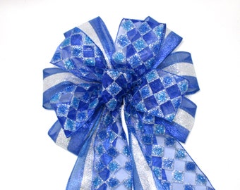 Blue Christmas Bow: Silver Accent Wreath Bow