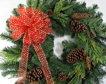 Lazo navideño de lentejuelas rojas y doradas: decoración de corona con borde alambrado