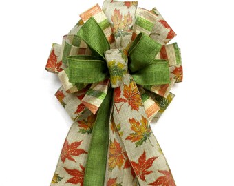 Fall Bow, Autumn Bow, Fall Leaves, Halloween Bow, Orange Bow, Moss Green Bow