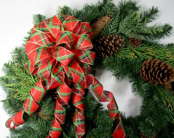Lazo navideño a cuadros rojos y verdes, adorno para la punta del árbol, decoración navideña
