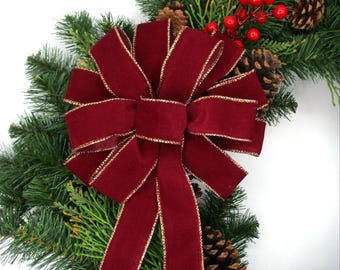 Burgundy Bow, Waterproof Red Velvet Christmas Bow: Outdoor Wreath Bow