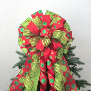 Red and Lime Green Christmas Bow: Wired Edge Tree Topper or Wreath Bow