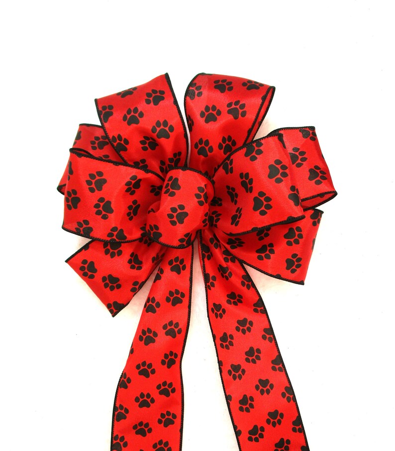 Red Bow / Dog Bow / Paw Print Bow / Cat Bow image 3