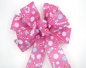 Pink Candy Print Christmas Bow: Wired Edge Holiday Decor