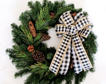 Buffalo Plaid Bow / Country Plaid Bow / Natural Linen Burlap Bow / Christmas Bow / Wreath Bow / Farmhouse Bow / Black & White Bow