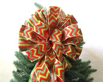 Lazo navideño / Lazo rojo y verde / Lazo para corona navideña / Lazo para árbol de Navidad / Rizos / Chevron