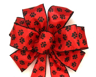 Red Paw Print Wired Bow: Dog or Cat Decor