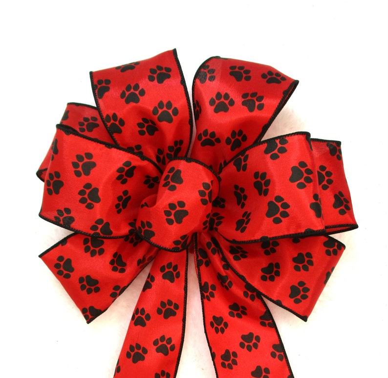 Red Bow / Dog Bow / Paw Print Bow / Cat Bow image 1