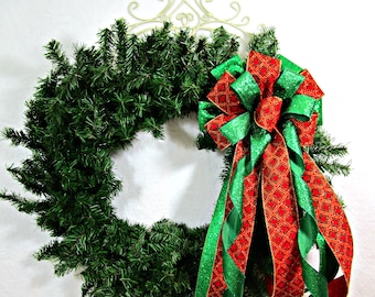 Adorno para la punta del árbol con lazo navideño rojo y verde y borde de alambre
