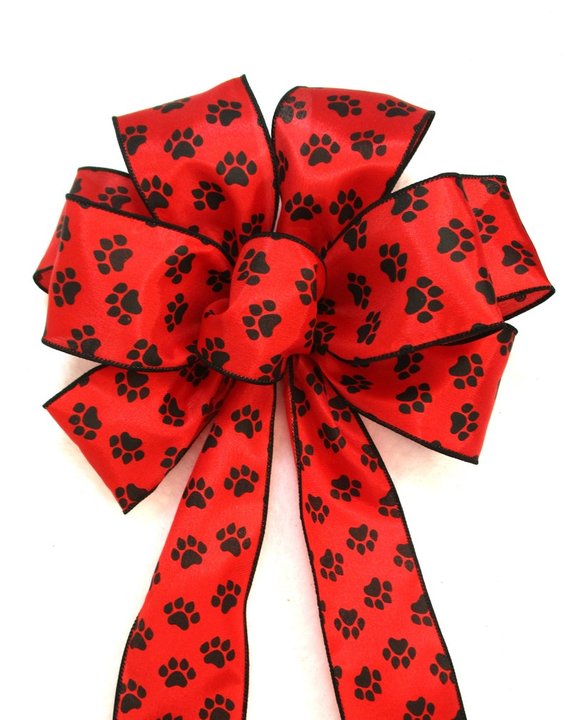 Red Bow / Dog Bow / Paw Print Bow / Cat Bow image 5