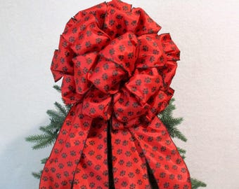 Lazo con alambre con forma de huella de pata roja: Lazo para la cima del árbol de Navidad, decoración para perros o gatos.