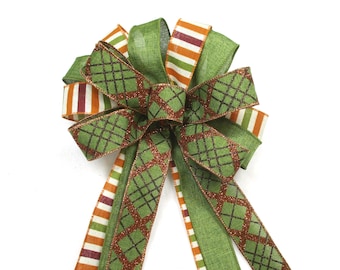 Fall Bow, Autumn Bow, Halloween Bow, Orange Bow, Moss Green Bow