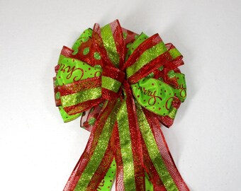 Red and Lime Christmas Bow: Striped Tree Topper, Wreath Decor