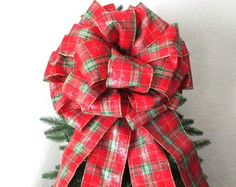 Lazo para la cima del árbol de Navidad a cuadros rojos, lazo para corona navideña de 38 cm