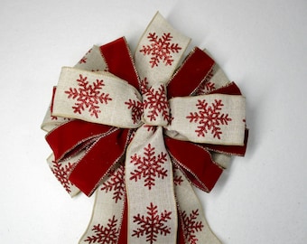 Christmas Wreath Bow: Red Beige Snowflake Ribbon, 11" Wide