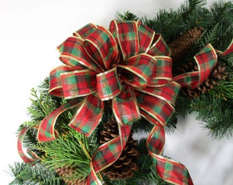 Lazo navideño a cuadros rojos y verdes: adorno para corona de árbol