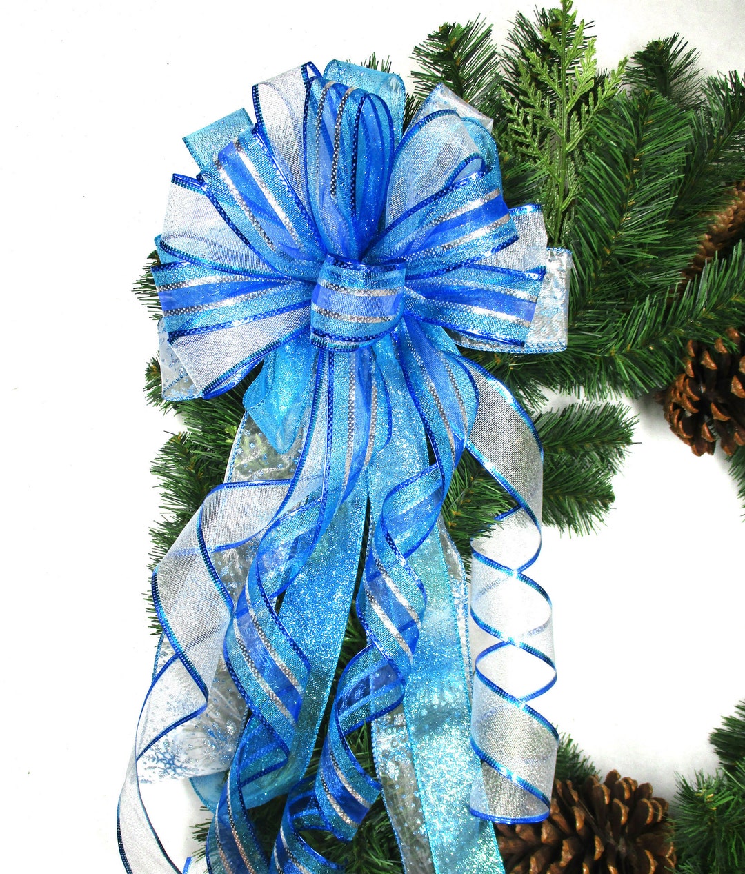 Blue Bow, Turquoise Bow, Blue and Silver Bow, Christmas Bow, Tree