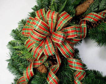 Lazo navideño a cuadros rojos y verdes: Adorno para la cima del árbol, decoración de coronas