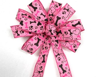 Dog Bone & Paw Print Bow: Pink Christmas Wreath Bow