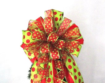 Red and Green Polka Dot Bow, Christmas Bow,  Red and Lime Bow, Tree Topper Bow, Wreath Bow, Christmas Wreath Bow