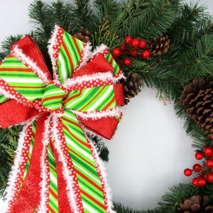 Christmas Bow, Red and Lime Green Bow, Tree Topper Bow, Christmas Tree Bow, Wreath Bow, Red, Green and White Bow