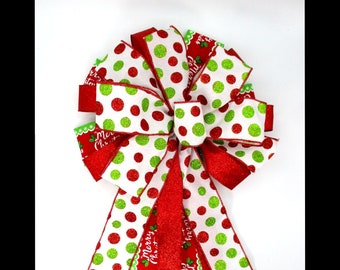 Christmas Bow, Red and Lime Green Bow, Tree Topper Bow, Christmas Tree Bow, Polka Dot Bow, Red, Green and White Bow