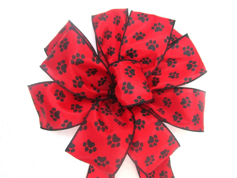 Red Bow / Dog Bow / Paw Print Bow / Cat Bow image 4