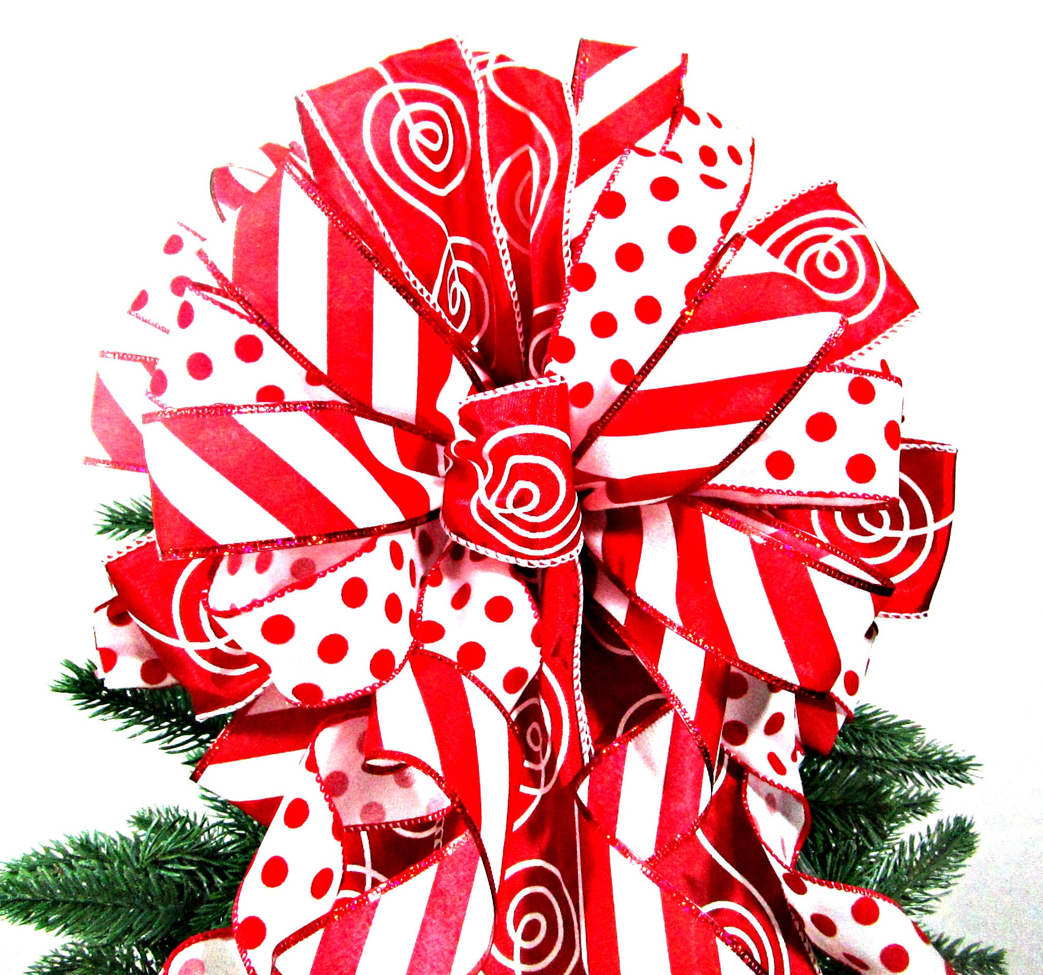 Red Bow / Red and White Bow / Christmas Bow / Tree Topper Bow Etsy