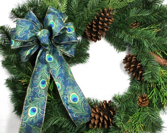 Christmas Tree Topper Bow / Wreath Bow / Peacock Bow / Christmas Bow / Blue and Green Bow / FIVE SIZES AVAILABLE