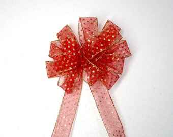 Red and Gold Sequin Dot Christmas Bow: 8" Wide, 14 Loops