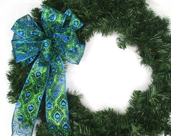 Peacock Feather Print Bow: Wired Edge Christmas Tree Topper