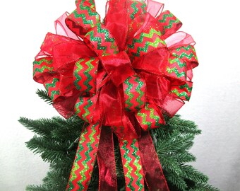 Lazo para la punta del árbol de Navidad: Chevron rojo y verde, 13 pulgadas