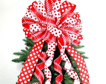 Red and White Christmas Tree Topper Bow: Dog Bone or Peppermint Spray