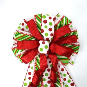 Christmas Bow, Red and Lime Green Bow, Tree Topper Bow, Christmas Tree Bow, Red, Green and White Bow