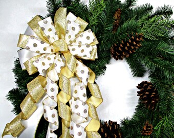 Gold Polka Dot Christmas Bow: Wired Edge Wreath Decoration