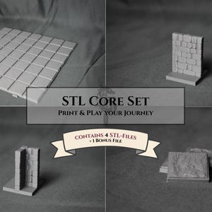 Könnte beinhalten: Graustufenbild mit 3D-gedruckten Geländeelementen für Tabletop-Spiele. Das Set enthält modulare Fliesen, Wände und andere Strukturen. Der Text lautet "STL CORE SET" und "PRINT & PLAY YOUR JOURNEY". Das Bild zeigt auch "CONTAINS 4 STL-FILES + 1 BONUS FILE".
