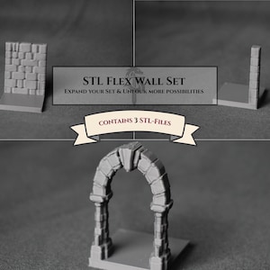 Könnte beinhalten: Graustufenbild eines 3D-gedruckten STL Flex Wall Sets. Das Set enthält verschiedene Wand- und Torbogenkomponenten mit dem Text "STL FLEX WALL SET" und "CONTAINS 3 STL-FILES". Die Komponenten scheinen für Miniaturspiele oder den Modellbau konzipiert zu sein.