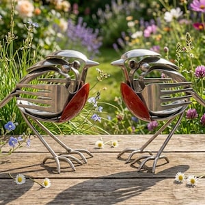 Upcycled Besteck Robin Skulptur, handgeschmiedete Metall Garten Kunst, Rote Brust Vogel Ornament