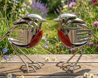 Upcycled Cutlery Robin Sculpture, Hand-Forged Metal Garden Art, Red Breast Bird Ornament
